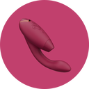 Roter ergonomischer Vibrator mit geschwungener Form, zu den Womanizer Produkten mit zweifach Funktion.
